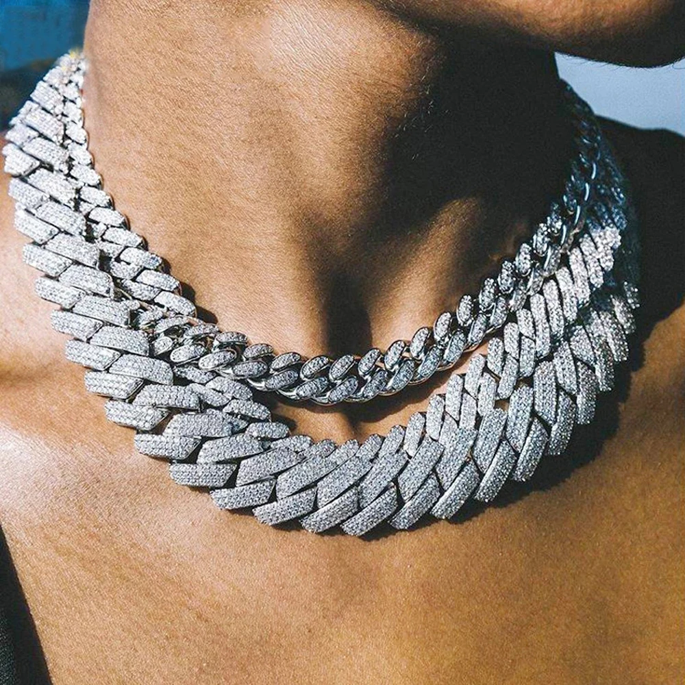 

TopBling Iced Out Bling Rhinestones Prong Cuban Link Chain Men's Necklace 2 Row Crystal Curb Cuban Chain Hip Hop Jewelry