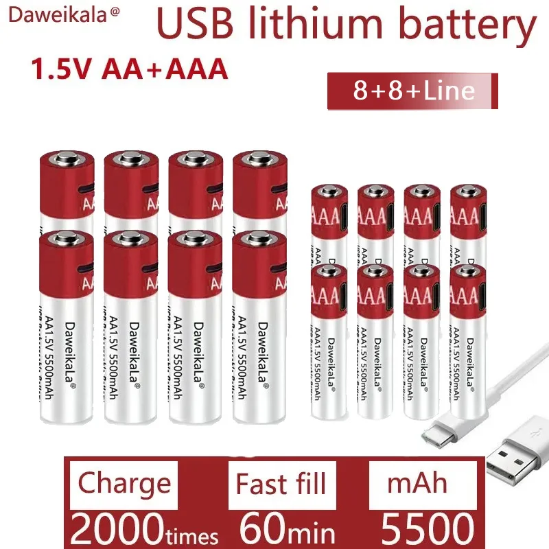 Фото Новые аккумуляторы 1,5 В AA + AAA с быстрой зарядкой через USB, перезаряжаемые, большой емкости 5500 мАч, литий-ионные, для игрушек, пультов дистанционного управления, мышей, светодиодов. №2