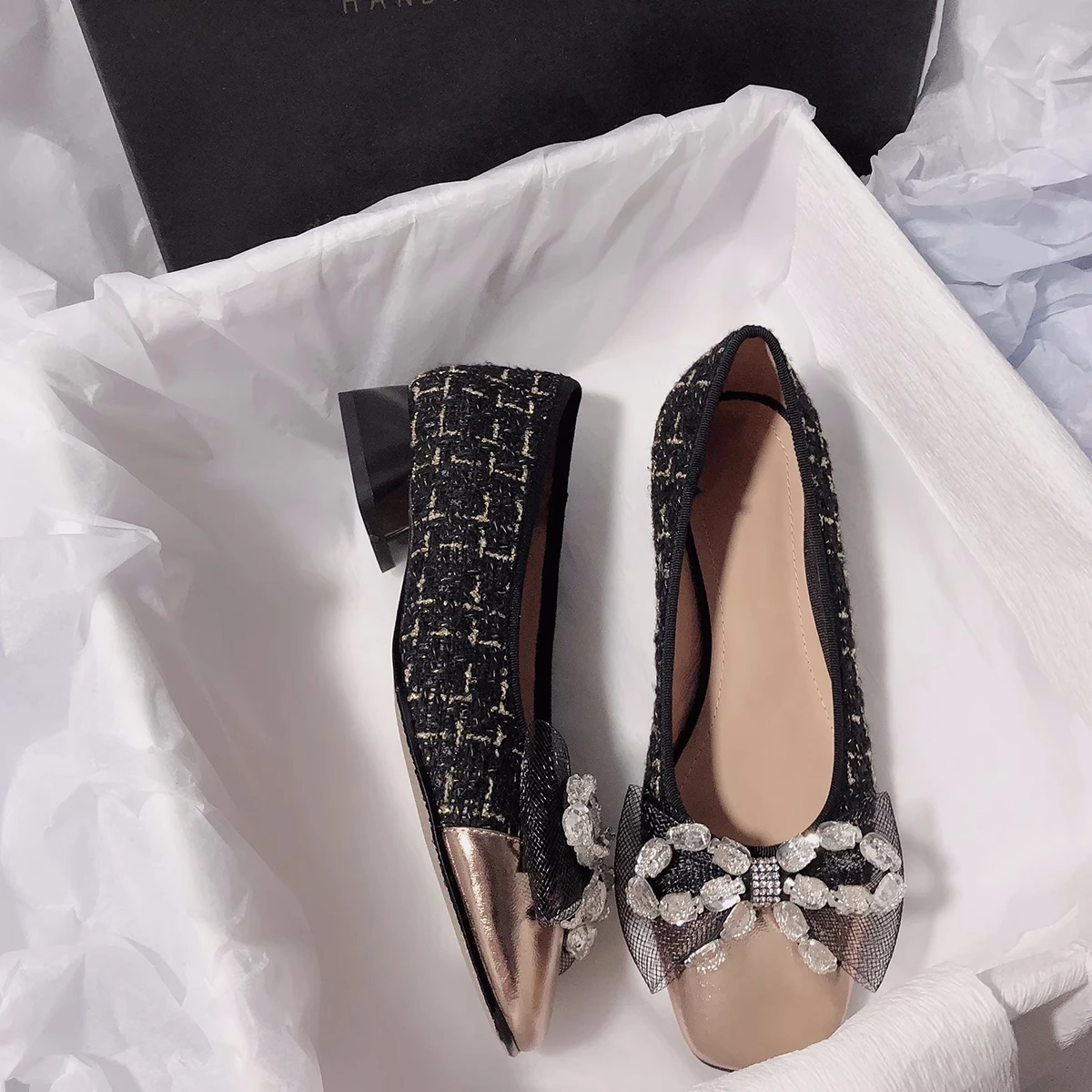 

Spring Autumn Chic Women High Quality Plaid Bow Rhinestone Flat Shoes BY871