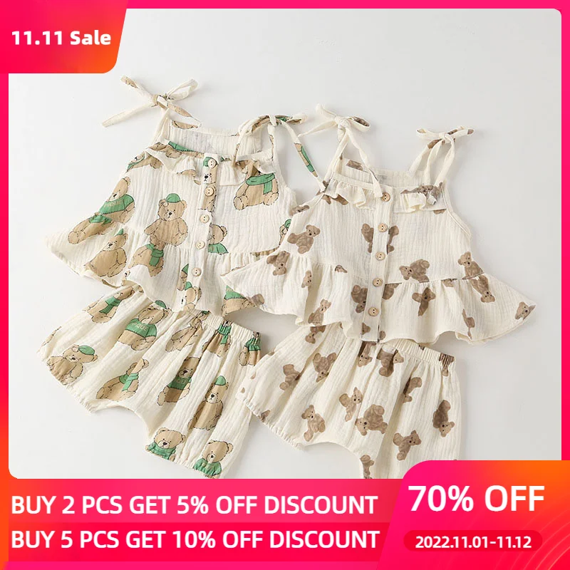 

Летний хлопковый комплект одежды для маленьких девочек, повседневные топы без рукавов с рисунком + шорты для девочек, комплект из 2 предмето...