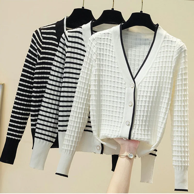 

Open Stitch Sweater 2022 V-Neck Knitted Women Sweaters Spring Autumn Striped Pull Femme Loose Button Long Sleeve Jersey Mujer
