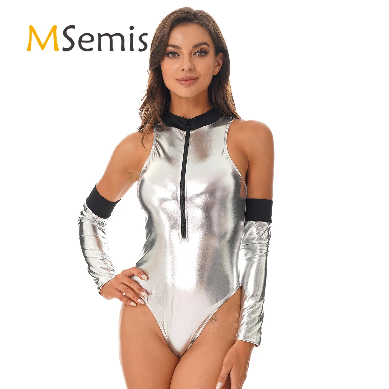 

Женский пикантный Костюм Кошки на молнии с ложным воротником и нарукавником, блестящий Боди без рукавов из лакированной кожи, костюм для ро...