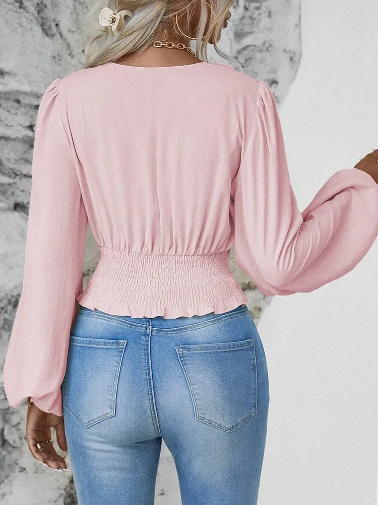 Блузка женская плиссированная однотонная с V-образным вырезом и длинным рукавом