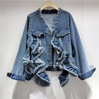2022 autumn new heavy industry holes denim jacket womens all matching fashion cowboy tops female loose jeans coats streetwear