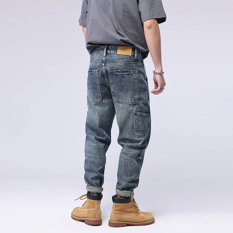 Streetwear Fashion Loose Jeans Men Retro Blue Multi Pockets Casual Denim Cargo Pants Men Overall Hip Hop Jeans Wide Leg Trousers