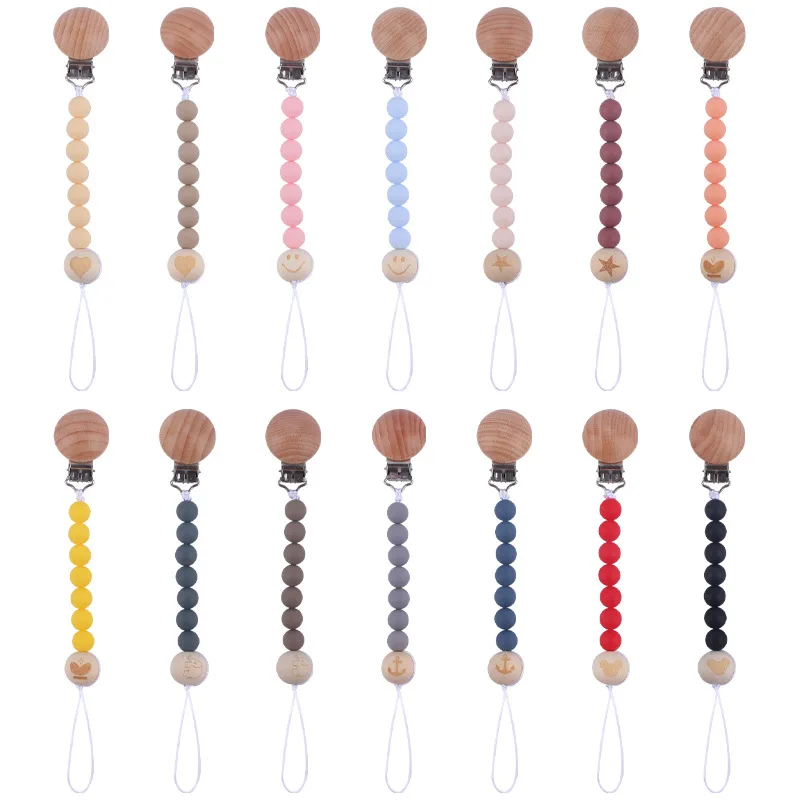 

Baby Beech Wood Dummy Holder Clips Printed Pattern Wooden Beads Pacifier Chain Teether Chew Toy Baby Soother Nipple Chain