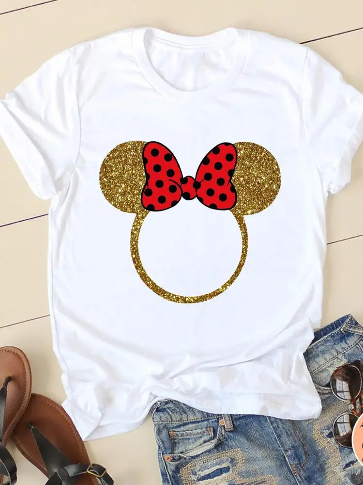 

Disney Cartoon Tee Shirt Mickey Mouse Women Short Sleeve Bow Sweet 90s Cute Print Clothing Casual Fashion Graphic T-shirts