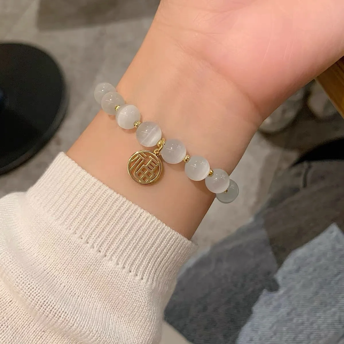 

Net Red Same Cat's Eye Stone Bracelet Fu Brand Copy 100% Real Gold 24k Pendant Transshipment Pearl Crystal Bracelet Girl Friend