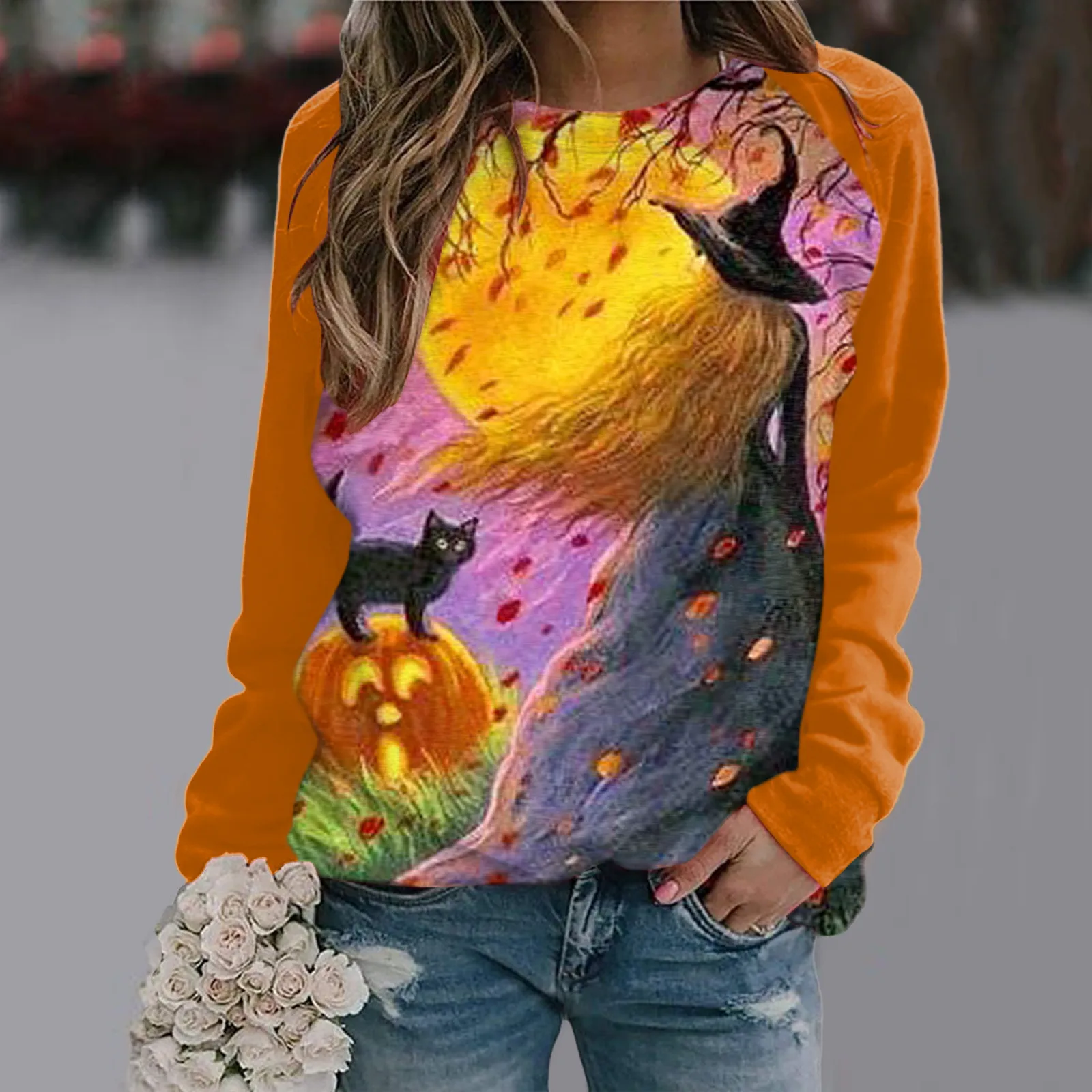Осенне-зимние женские свитшоты с принтом кота на Хэллоуин Осенняя Модная