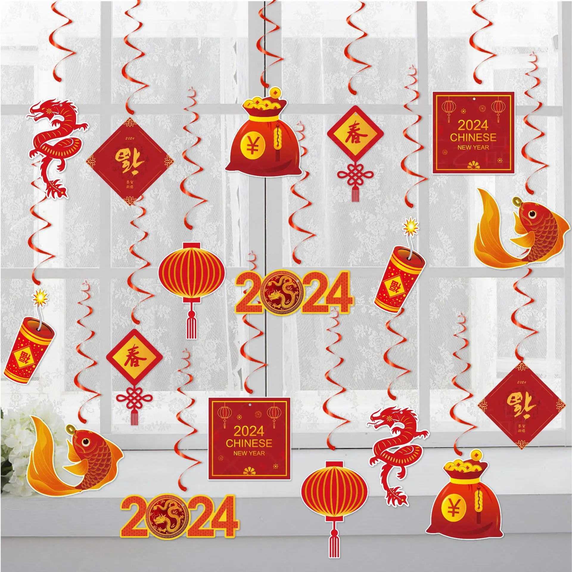 

9pcs/set 2024 New Year Pendant Dragon Year Hanging Ornament Spiral Hang Tag Decoraitons For Home Spring Festival Walls Decor