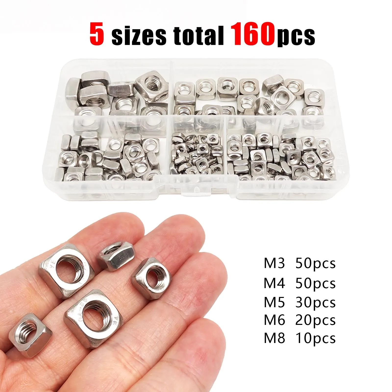Квадратные гайки из нержавеющей стали разных размеров 160 шт.