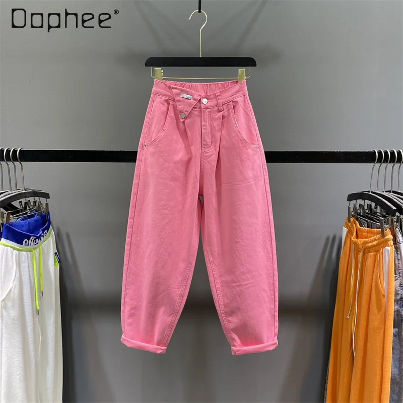 

Casual Cute Color High Waisted Baggy Jeans Woman 2022 Spring and Summer New Women's Loose Ankle-Tied Harem Denim Pants