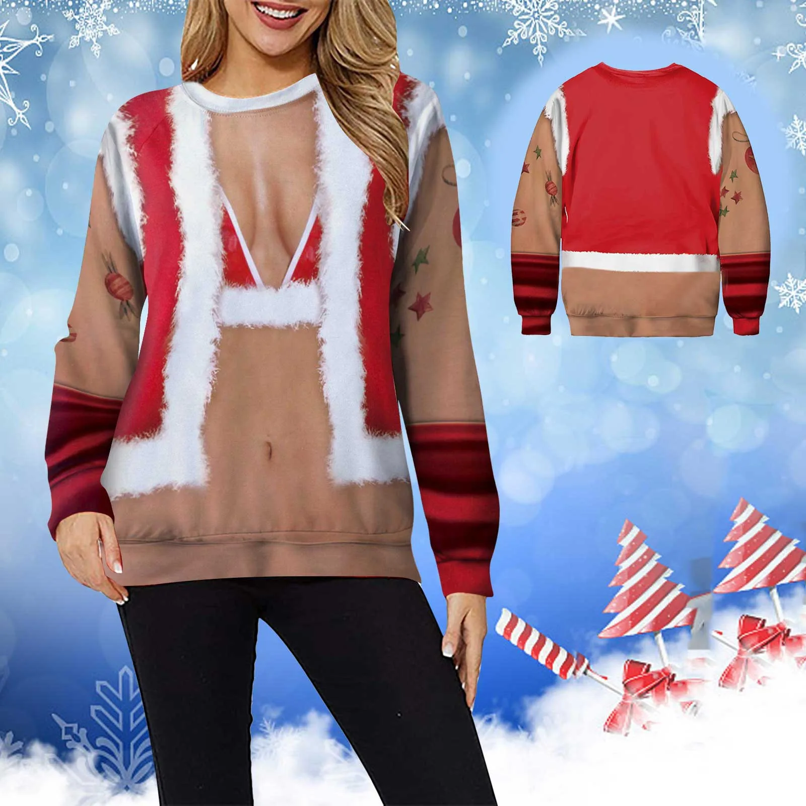 

Women's Fashion Christmas Long-Sleeve Wacky Print O Neck Sweatshirt Blouse Shirt Jackets Women Long Light Weight Sweat Shirt