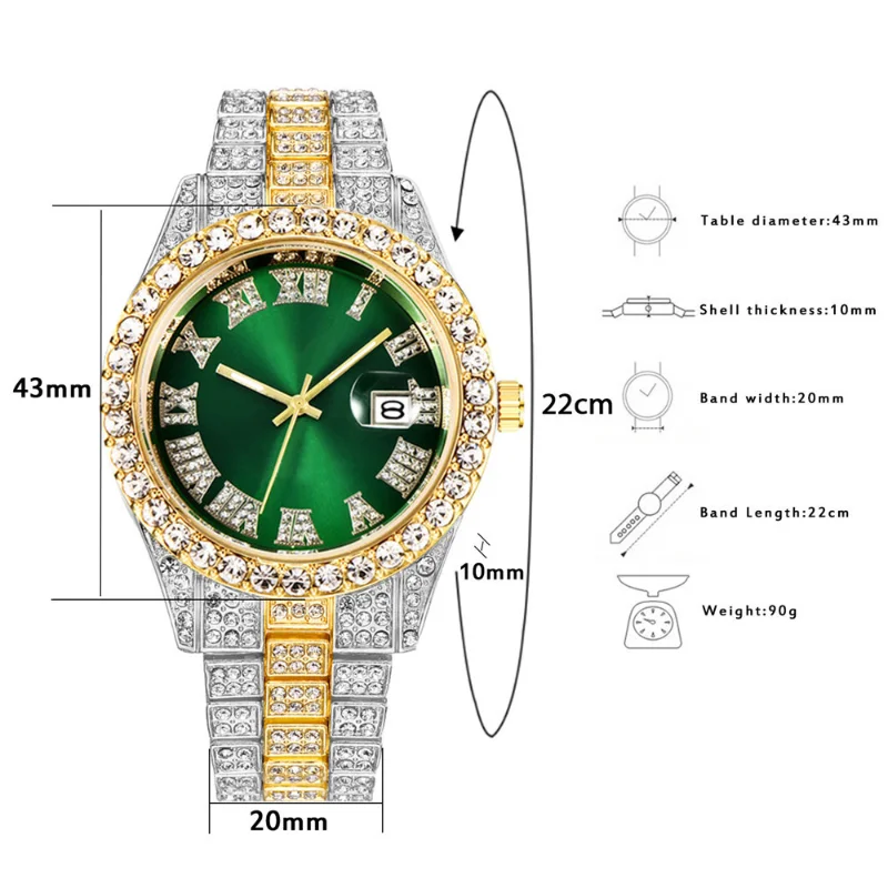 The New Red and Green Water Ghost Big Rhinestone Inlay Men's Watch Roman Scale Calendar Watches Quartz Watches Full of Diamonds
