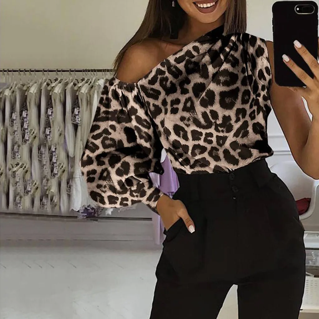

Women's Long Sleeved Shirts Women Fashion Leopard Print Printing Strapless Splicing Long Sleeves Women Christmas Shirts Blouses