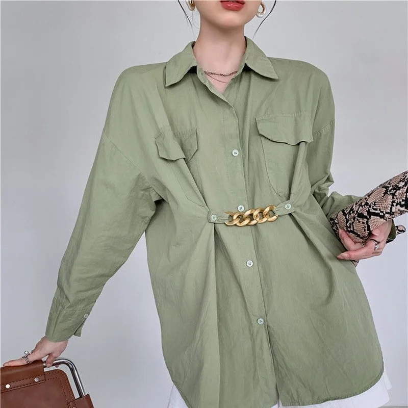 

French Waist Korean Style Jacket Design Sense Niche Green Chain Decoration Shirt Dress