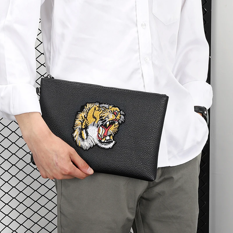 

Head Design Embroidery High Bags Quality Clutch Men Luxury Cl Day Leather Envelope Handbags Fashion 2022 Business Tiger Men's