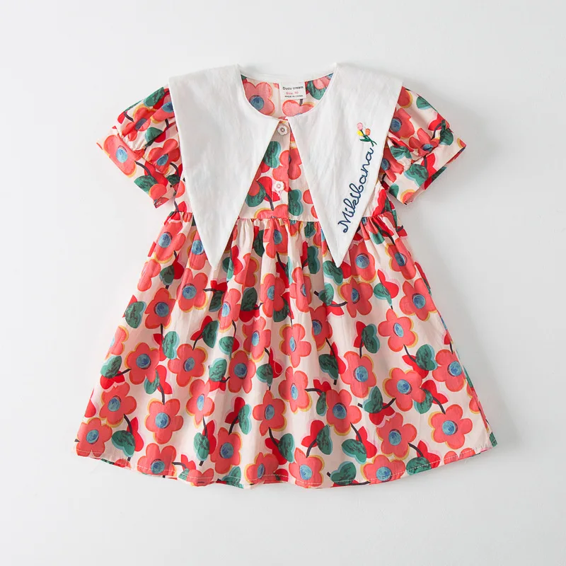 

Children's clothing large lapel embroidery girls dress middle and small children's cotton flower short-sleeved skirt