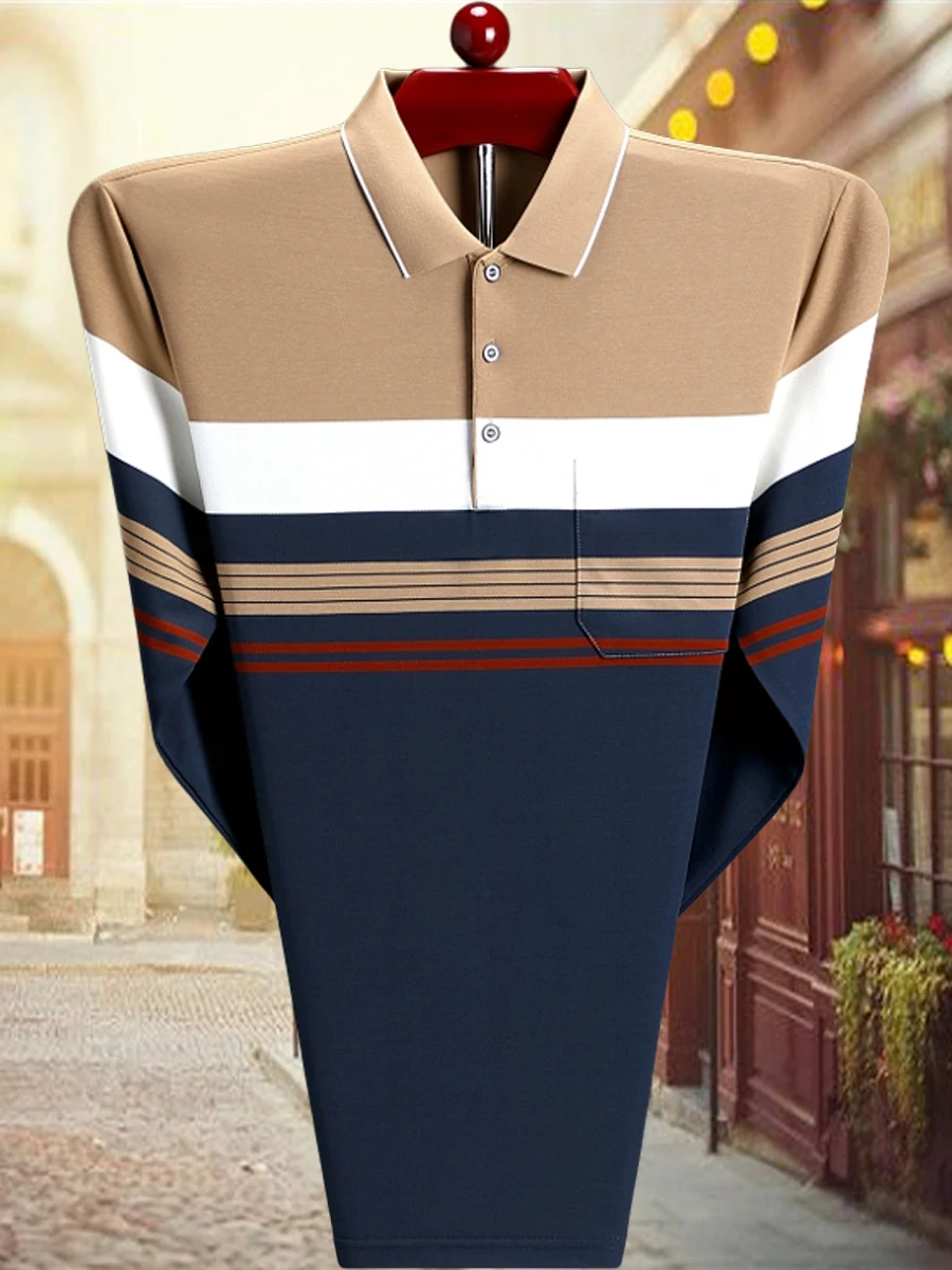 Woodpecker Spring and Autumn Men's Lapel Stripe Long sleeves Shirt Daddy Clothes Real Pocket Mercerized Cotton Base Polo |