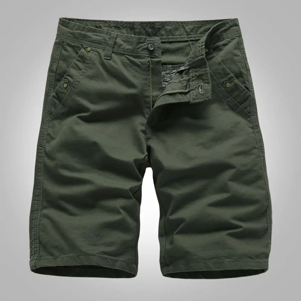 

Men Shorts Mid Rise Zipper Fly Straight Men Shorts Solid Color Dual Pockets Capri Wide Leg Cargo Shorts Male Streetwear