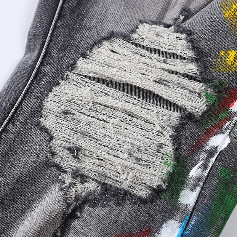 High Street Fashion Men Jeans Retro Gray Elastic Stretch Skinny Ripped Jeans Men Button Fly Painted Designer Hip Hop Brand Pants