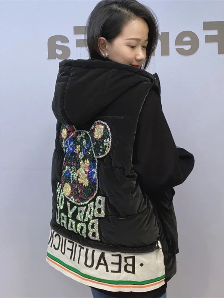 

Cartoon Bear Rhinestone Hooded Cap Vest Coat Women 2023 Winter New Thick Warm Jacket Ladies Sleeveless Cotton-Padded Jacket