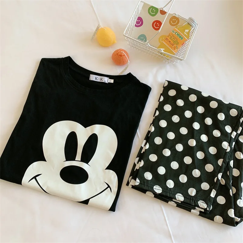 Disney Casual Mickey Pajamas Set Woman Short Sleeve Black Tops and Polka Dot Pants Fashion Homewear Women Set Summer 2022 New