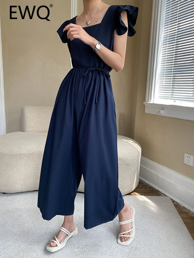 

EWQ Elegant Ruffles Design Jumpsuit For Women Square Collar Sleeveless Gathered Waist Wide Leg Pants 2023 Summer New 26D3189