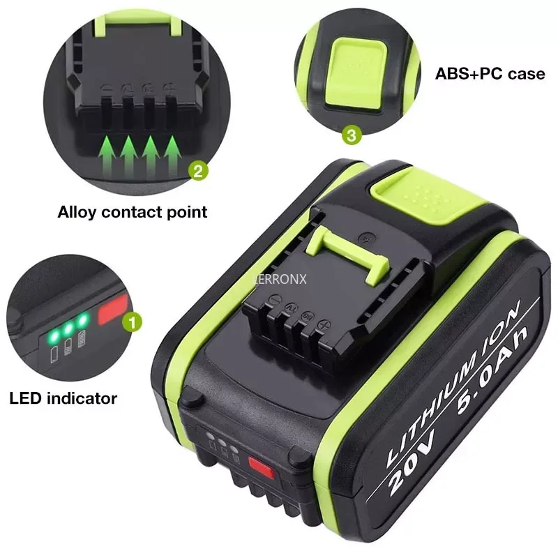 

WX550 20V 5000mAh Lithium Rechargeable Replacement Battery for Worx Power Tools WA3551 WA3553 WX390 WX176 WX178 WX386 WX678