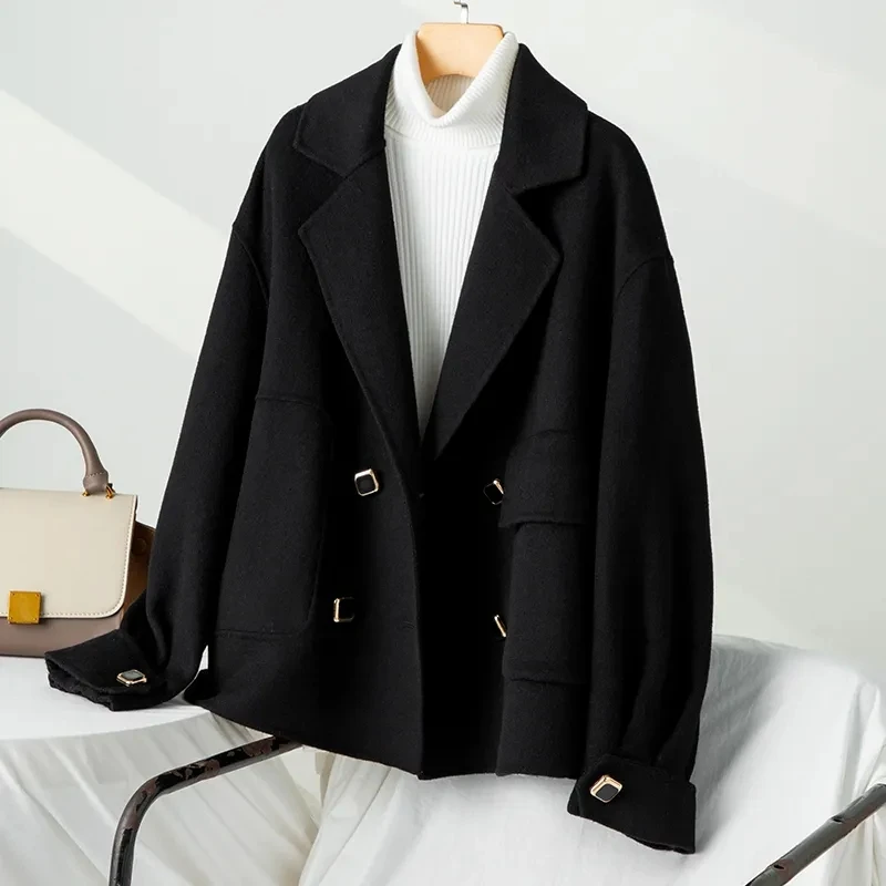 2023 Autumn Women's Wool Double-Sided Suede Coat Overcoat Double-Breasted Lapel Short Woolen Coat Black Camel Cardigan Outerwear