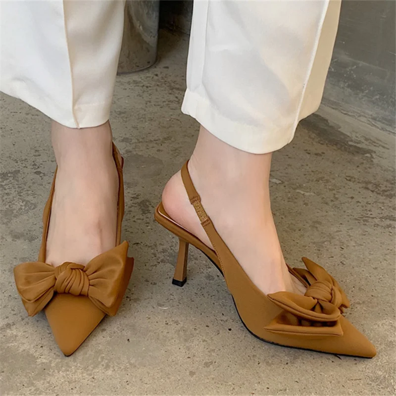 

Summer Brand Design Women Sandals Slingback Pointed Toe Dress High Heels Shoes Bow Back Strap Solid Color Elegant Ladies Sandals
