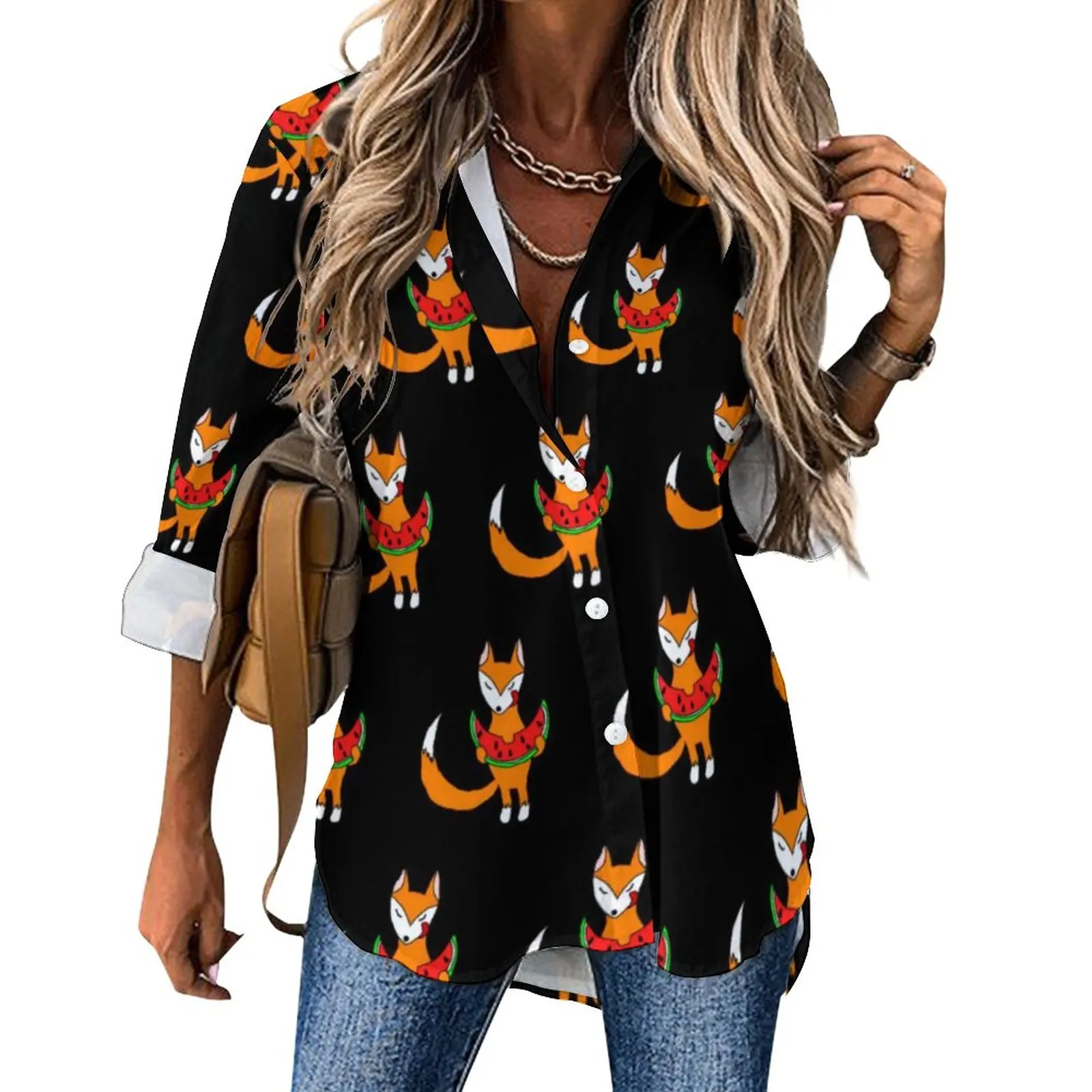 

Fox Eating Watermelon Blouse Cute Animal Aesthetic Custom Casual Blouses Women Streetwear Shirt Summer Long-Sleeve Oversize Tops