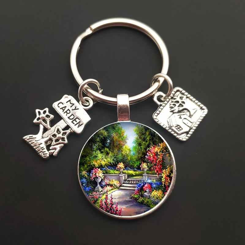 Новый брелок для ключей цветочного дома в стиле садового искусства, рисунок на стекле, цепочка для сумки, оберег для ювелирных изделий в подарок.