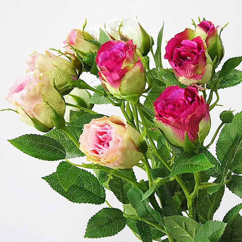 

Hot 4 Heads Artificial Rose Flowers Wedding Decoration Silk Rose Fake Flowers Plastic Branches with Leaves Home Hotel Decor