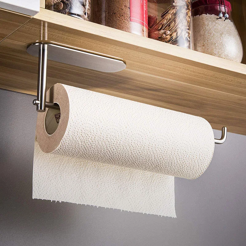 

Kitchen Roll Holder Stainless Steel Paper Towel Holder Self-Adhesive Wall Mount Plastic Wrap Holder Towel Storage Rack
