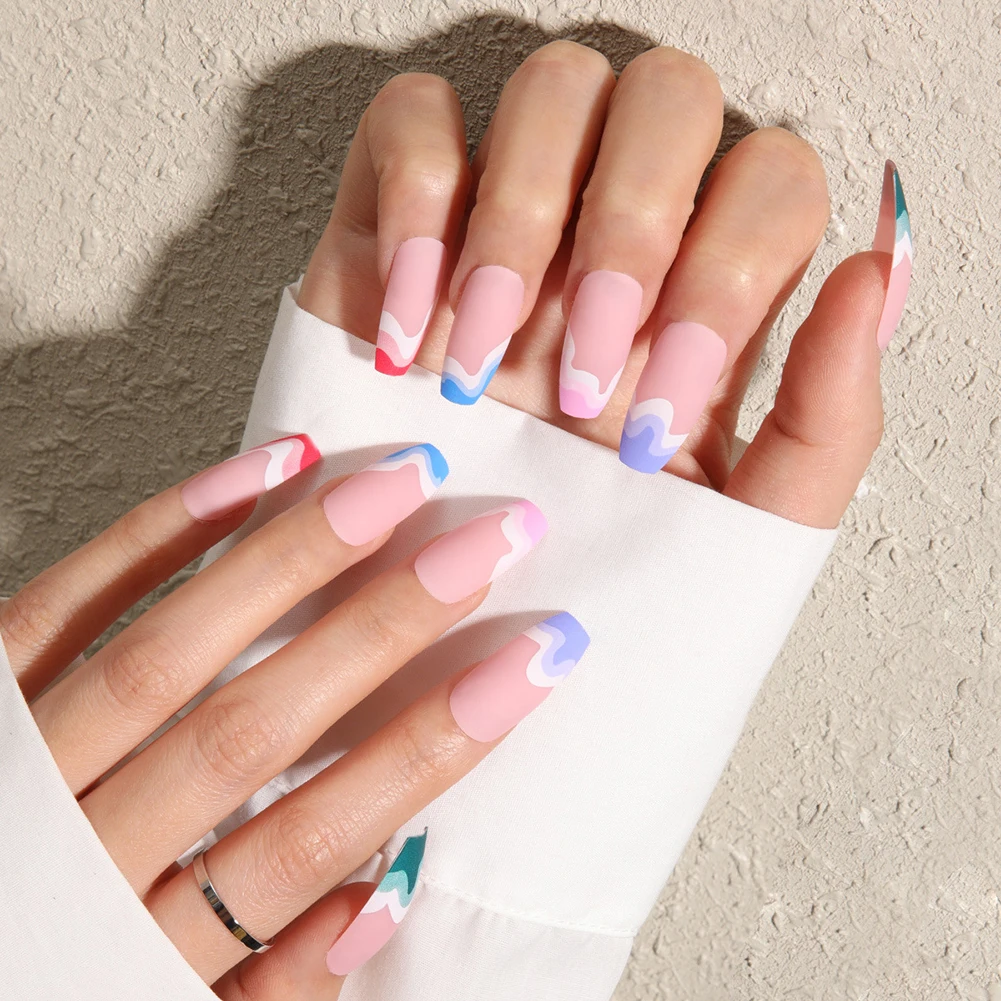 

Красочные волны, накладные ногти во французском стиле, длинное нажатие на ногти, элегантные бриллианты, 24 шт., маникюр, салон, DIY искусство MH88