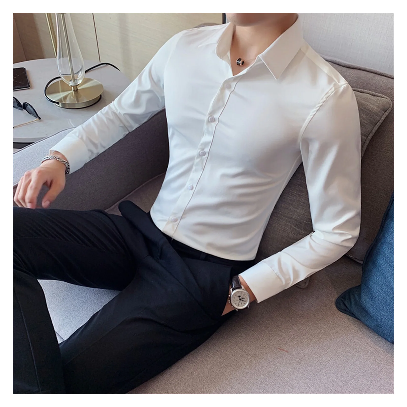 Xfh British Style New Solid Shirt Men Long Sleeve Fashion 2021 Autumn Business Formal Wear Men Shirts Slim Fit Casual Blouse