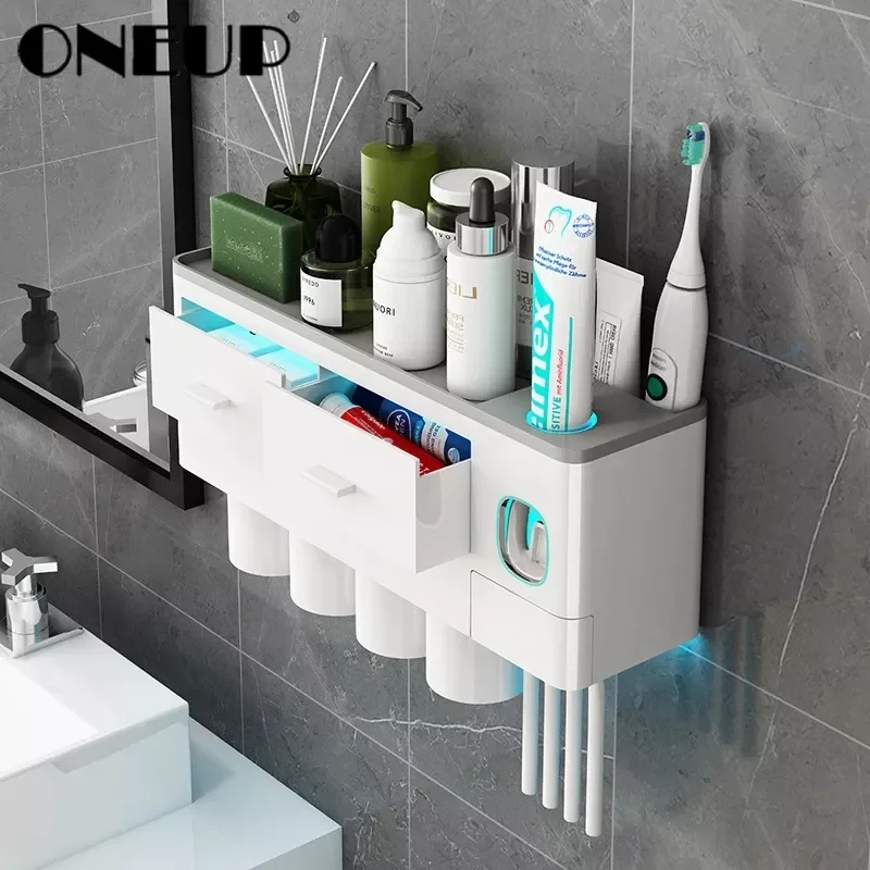 

NEW2023 New Toothbrush Holder Automatic Toothpaste Dispenser With Cup Wall Mount Toiletries Storage Rack Bathroom Accessories Se