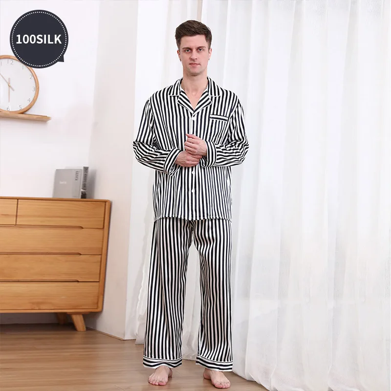 19 mm 100 mulberry silk striped men's pajamas set long-sleeved 100 mulberry silk sleepwear for men