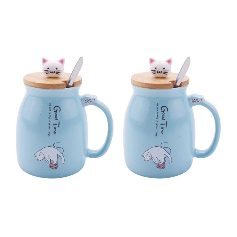 

2X New Sesame Cat Heat-Resistant Cup Color Cartoon With Lid Cup Kitten Milk Coffee Ceramic Mug Children Cup Skyblue