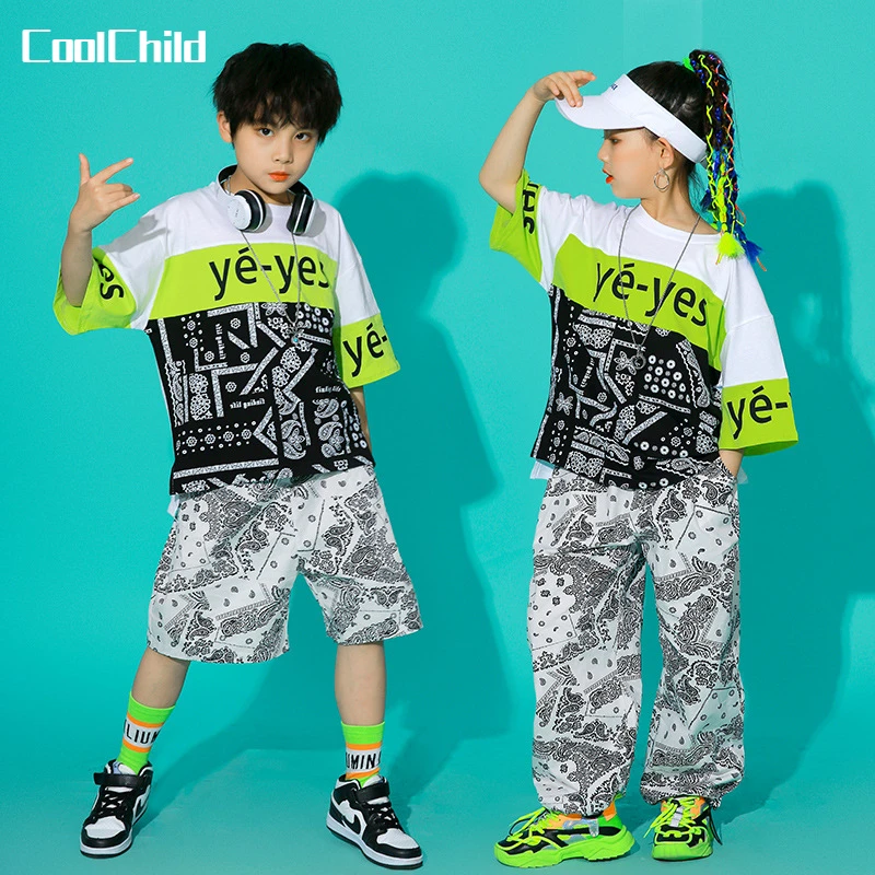 

Boys Hip Hop Print Shorts Girls Summer Contrast T-shirt Street Dance Pants Kids Jogger Streetwear Child Jazz Costume Clothes Set