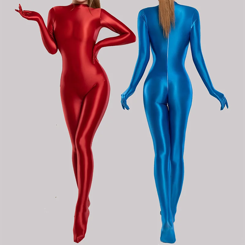 

Seam Glossy Satin Sexy Women Long Sleeve Bodysuit Jumpsuit One-piece Zipper Shiny Tights Pantyhose White Body Suit