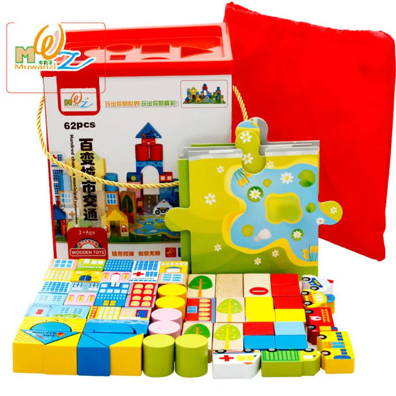

62 Pieces Urban Traffic Scene Building Blocks Wooden Toys Children's Classic Educational Stacking Blocks Early Learning Set Gift