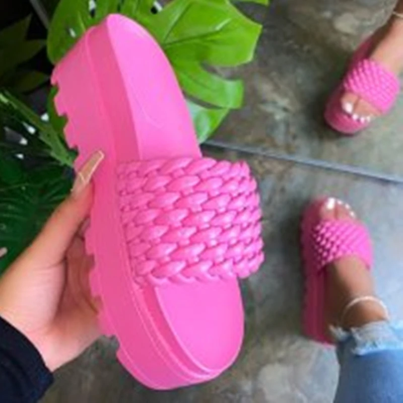 

2022 Summer Sandals Open Toe Mid Heel Fashion Woven Slippers Solid Color Outdoor Women's Shoes Plus Size 43