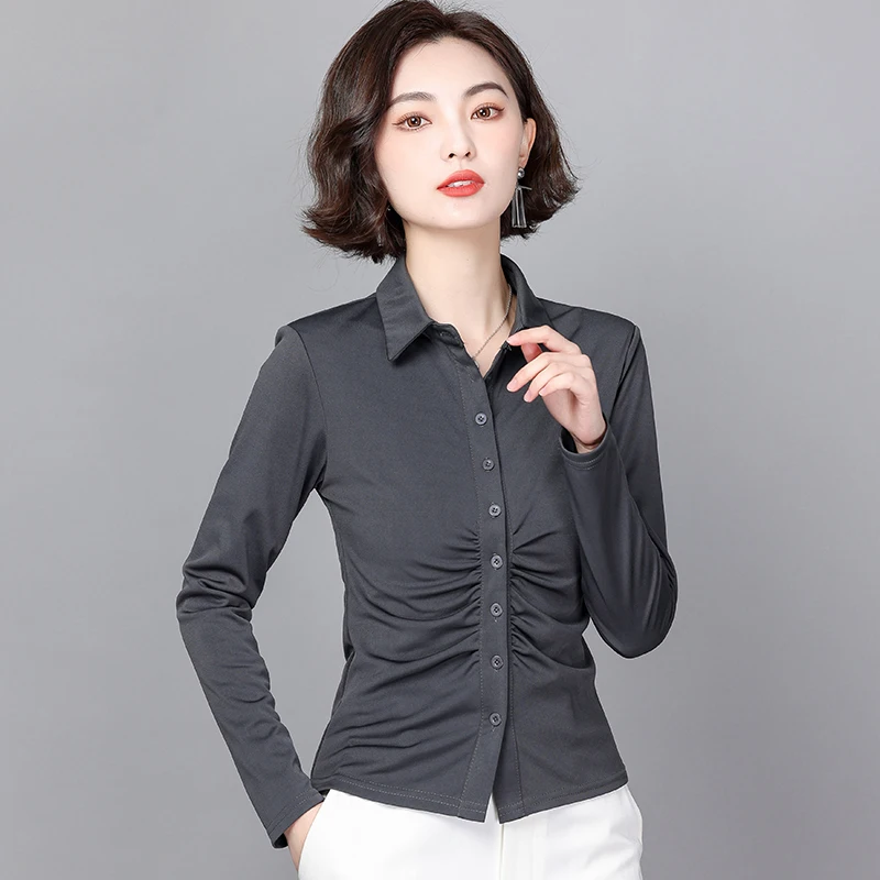 

Vintage Women's Shirts 2022 Spring Fashion Clothes Waist Folds Womens tops Long-Sleeve Blouse Solid Polo-Neck OL Button Up Shirt