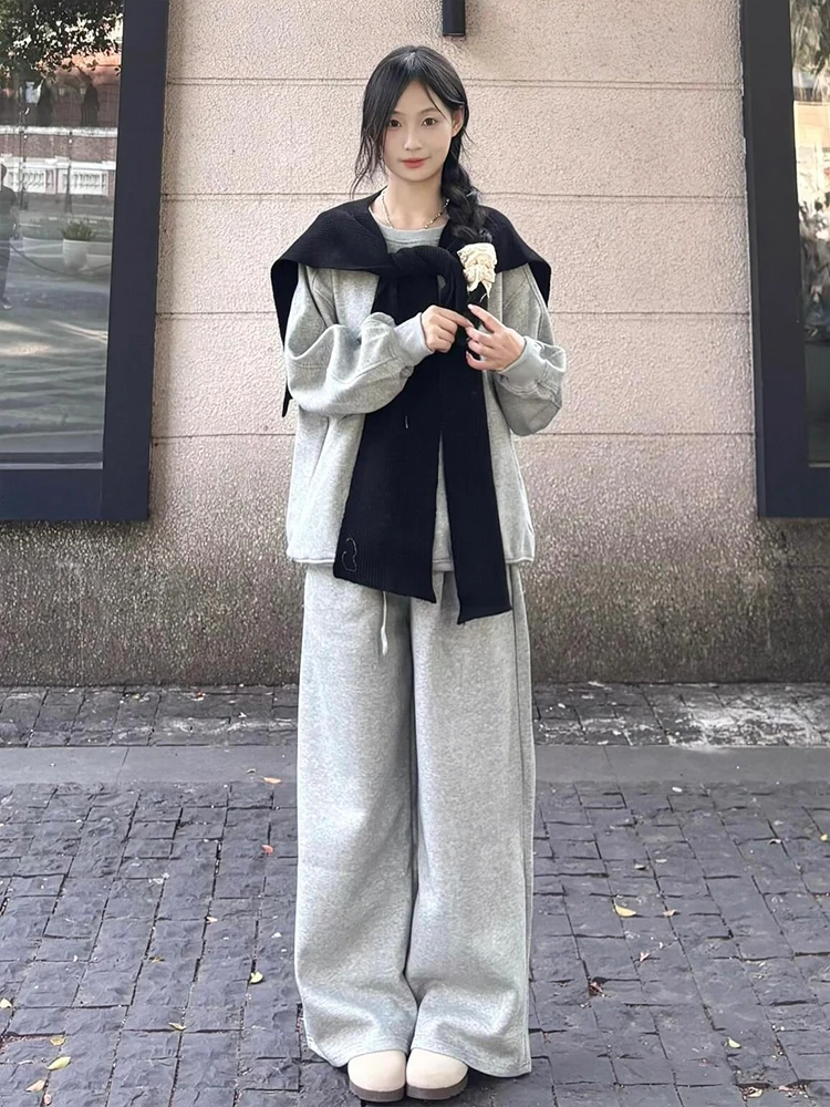 Casual Loose Sweatshirt Set Women Autumn and Winter Girls Age-Reducing Fleece-lined round Neck Hoodie Wide Leg Pants Running ...