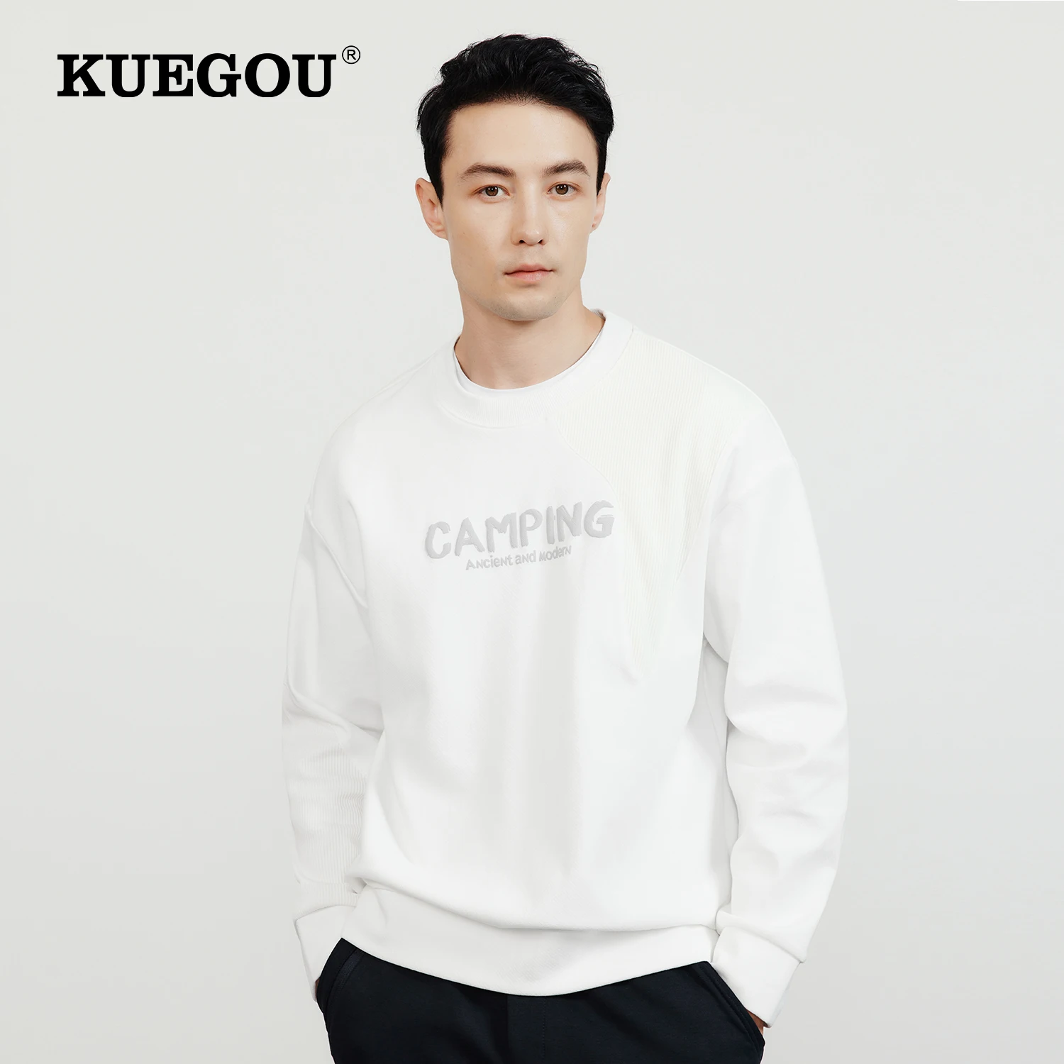 

KUEGOU 2022 Autumn New Men's Oversized Sweatshirt Jogger Letter Print Stretch Patchwork Loose Streetwear Cotton Blend Top 37173