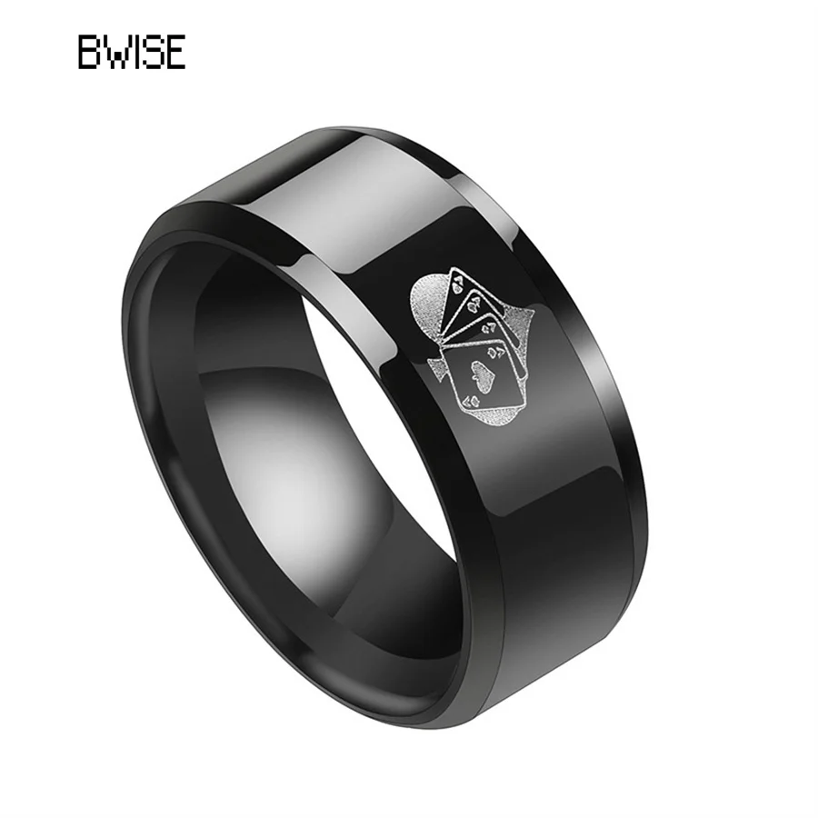 

BWISE 8mm Black Color Stainless Steel Ring for Men Punk Vintage Lucky Playing Card Poker Mens Accessories