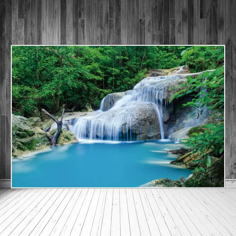 

Waterfall Lake Landscape Backdrops Photography Decoration Green Forest Trees Rocks Sign Photozone Photographic Backgrounds Props