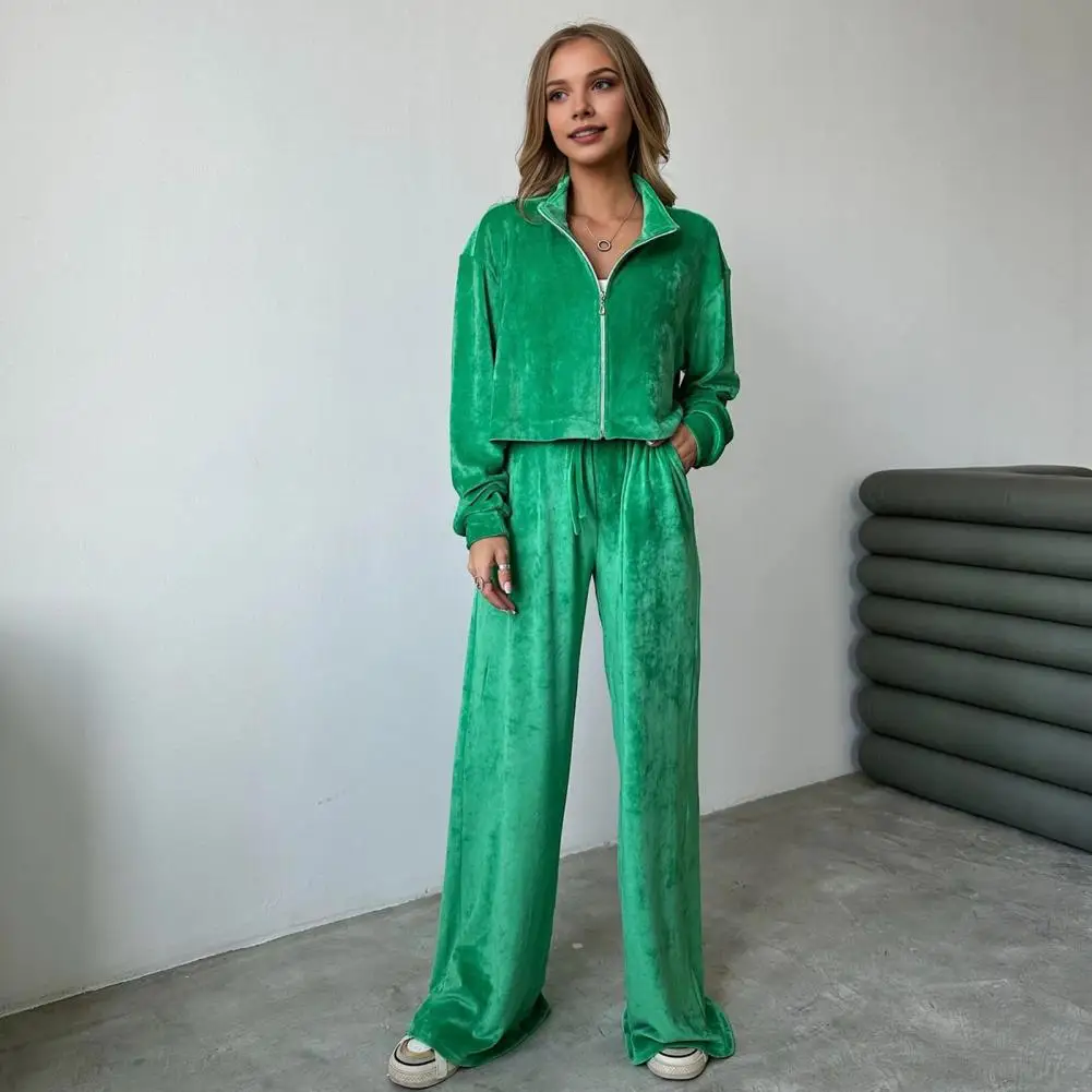 Женский золотистый бархатный костюм спортивный с воротником-стойкой пальто и